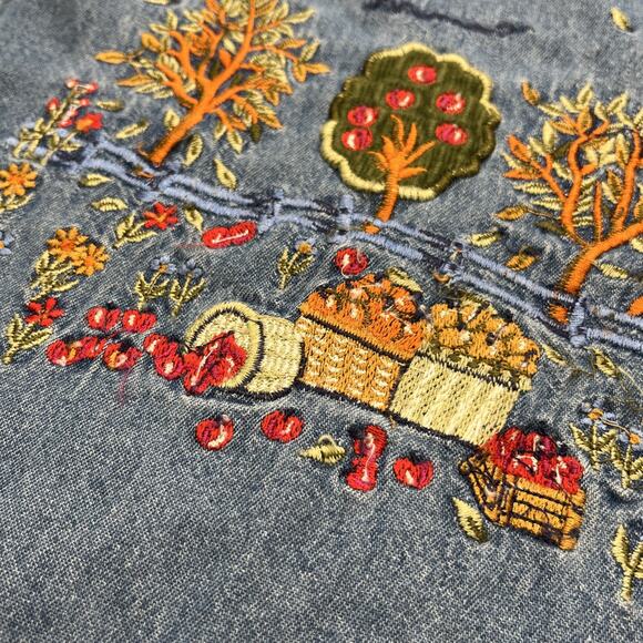 Vtg Bobbie Brooks Embroidered Fall Apples Blue Denim Shirt Women's Size 26W/28W - Picture 9 of 13